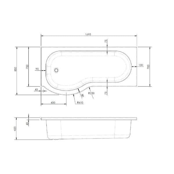 Nuie Shower Baths,Nuie,Modern Shower Baths Nuie Square P Shape Shower Bath - White