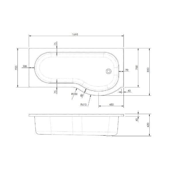 Nuie Shower Baths,Nuie,Modern Shower Baths Nuie Square P Shape Shower Bath - White