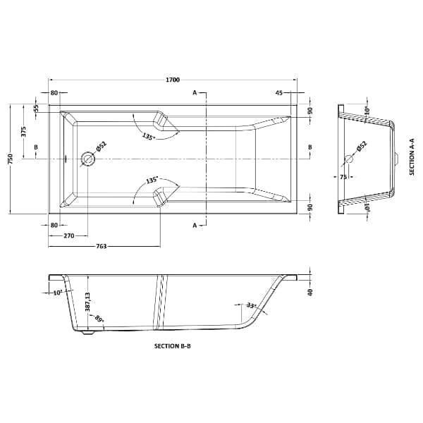 Nuie Shower Baths,Nuie,Modern Shower Baths Nuie Straight Single Ended Shower Bath - 1700mm x 750mm - White