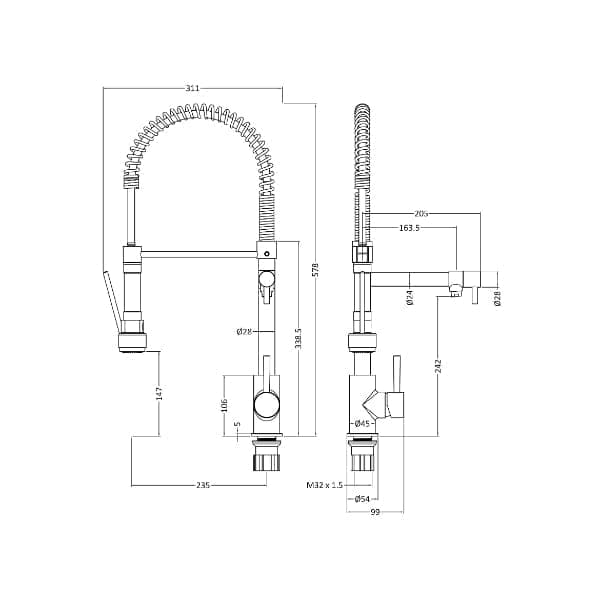 Nuie Kitchen Mixer Taps Nuie Tall Side Action Kitchen Sink Tap With Pull Out Rinser - Chrome