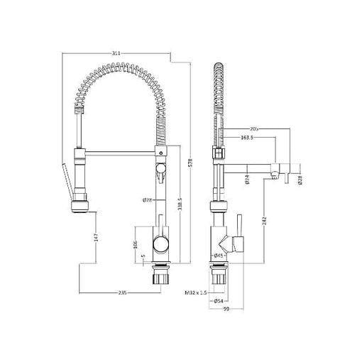 Nuie Kitchen Mixer Taps Nuie Tall Side Action Kitchen Sink Tap With Pull Out Rinser - Chrome