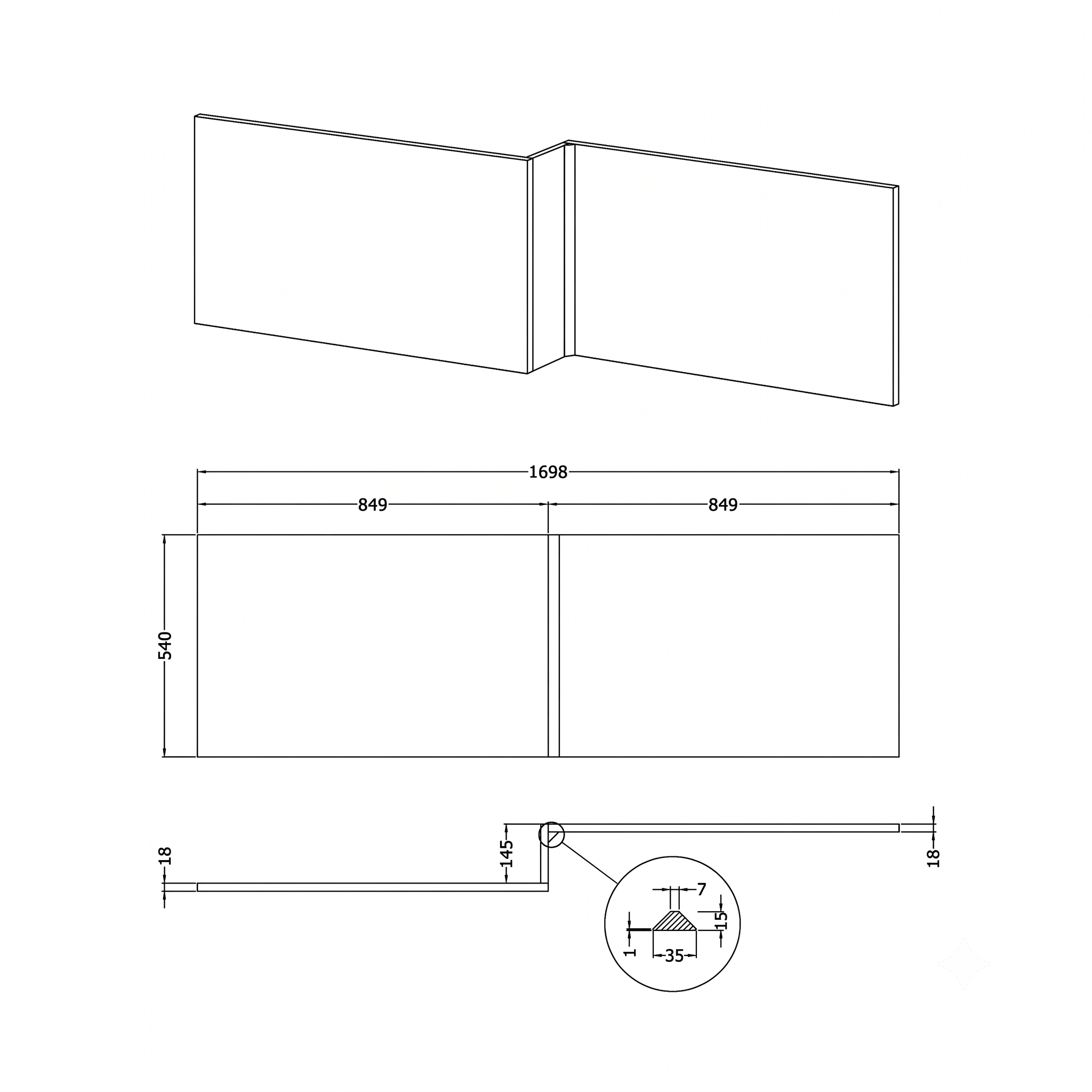 Crosswater L-Shaped Square Shower Bath Front Panel - 1700mm