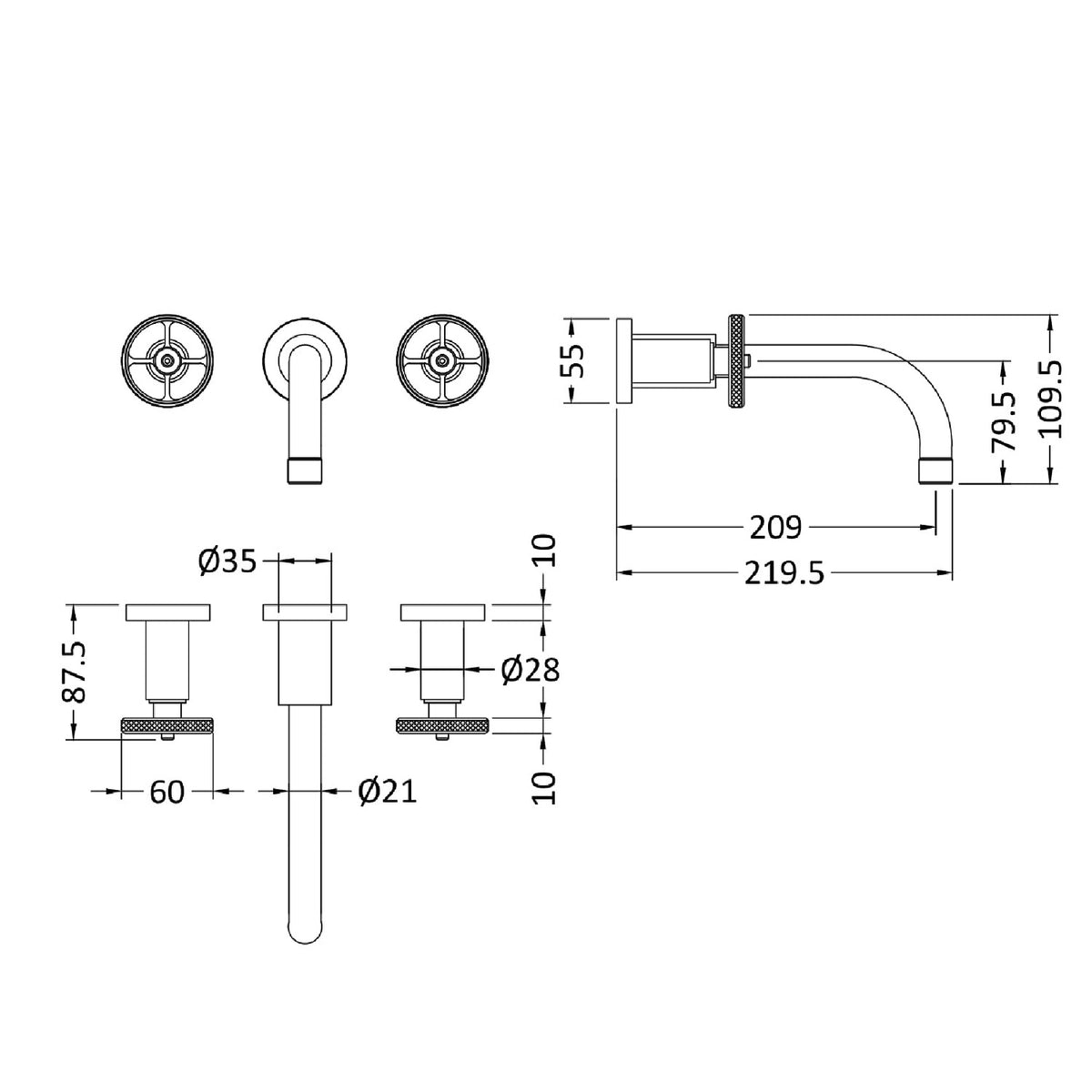 Revolve 3 Hole Wall Mounted Basin Mixer Tap