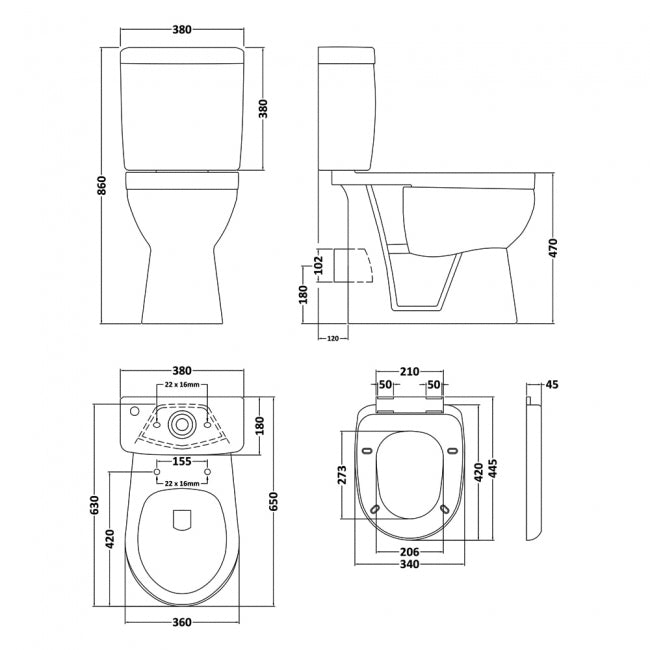 Puro Doc M Packs Comfort Height Close Coupled Toilet with Standard Seat & Cistern - White