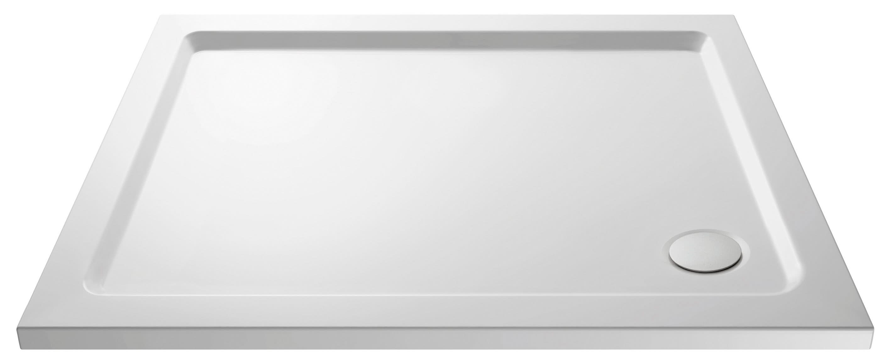 The Nuie Pearlstone Rectangular Shower Tray in white features a raised edge and a round drain in the lower right, making it ideal for contemporary bathrooms.