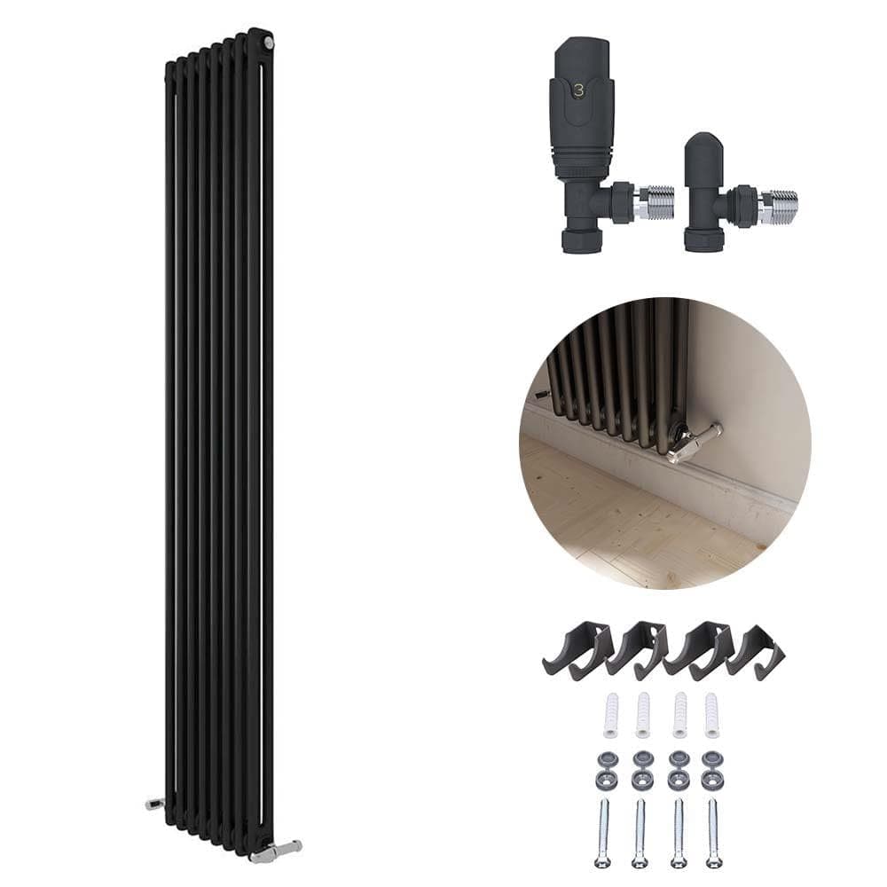 VeeBath 3 Column / 1800x380mm Two or Three Column Radiator Anthracite Grey with Angled Thermostatic Valve