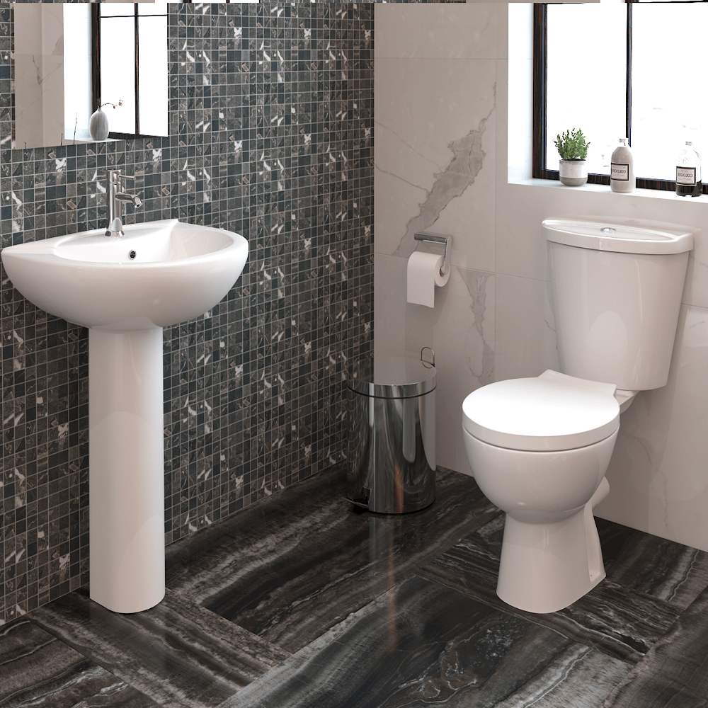 VeeBath Toilets > Close Coupled Toilets VeeBath Round Close Coupled Toilet With Cistern And Seat - White