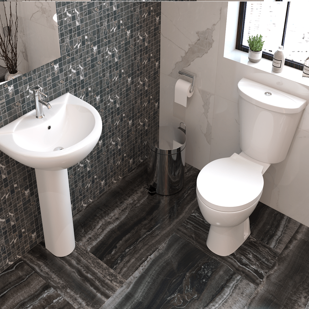 VeeBath Toilets > Close Coupled Toilets VeeBath Round Close Coupled Toilet With Cistern And Seat - White