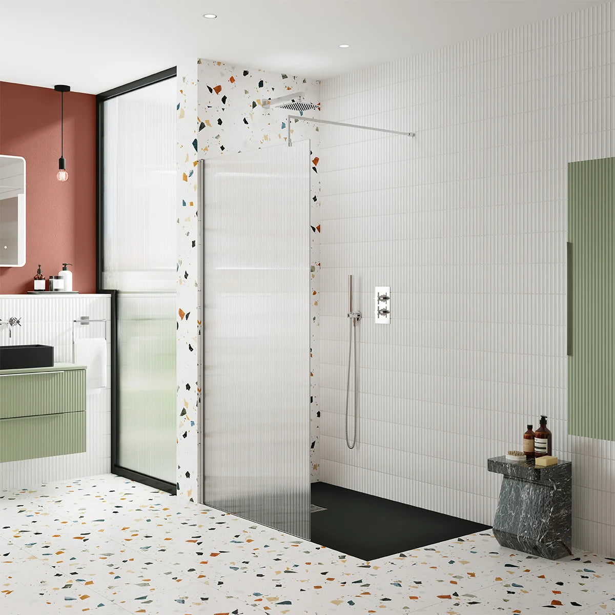Haven 8mm Fluted Glass Wetroom Panel With Support Bar